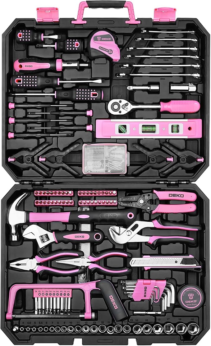 DEKOPRO Tool Set: 228 Piece Home Tool Kit, Household Basic Repair Tool Set Comes with Storage ToolBox, Socket Wrench Set for Car, Hand Tool Box Set for Home - Pink