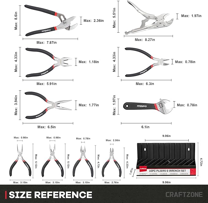10PC Pliers and Wrench Set with Storage Rack – Includes Channel Lock | Long Needle Nose | Diagonal Cutter | Groove Joint | Linesman & Mini Plier, Carbon Steel Tool Kit for DIY and Home a Gift for Man