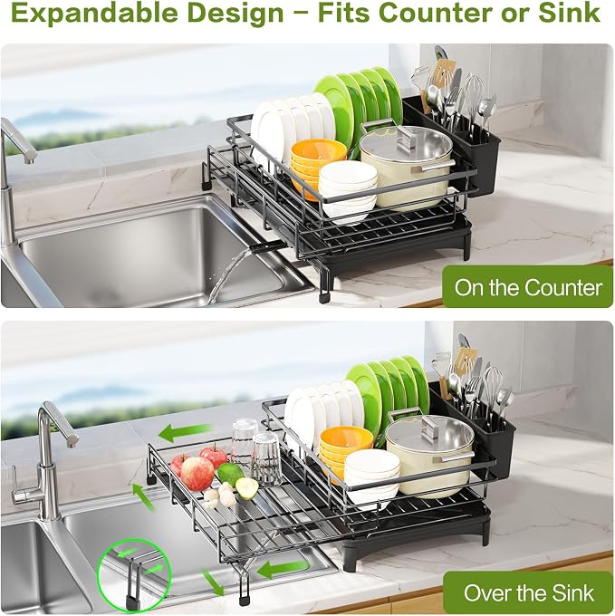Expandable Over Sink Dish Drying Rack (12.6"-20.5"), Rustproof Metal Dish Drainer with Auto-Draining Tray & Utensil Holder, Large Capacity Sink Organizer for Kitchen Counter, Fits Most Sinks - Black