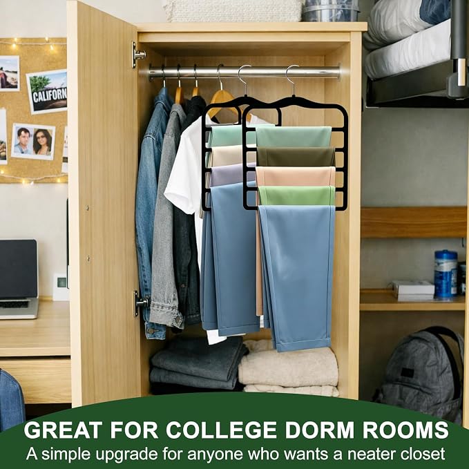 Closet Organizers and Storage, 3 Pack Velvet Pants-Hangers-Space-Saving | Non Silp 5 Tier Scarf Jeans Closet Organizer, Dorm Room Essentials for College Students Girls Boys Guys, Home Storage
