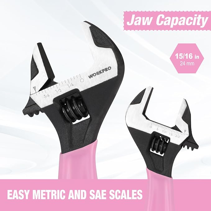 WORKPRO 6-Inch Pink Adjustable Wrench, Wide Jaw Cr-V steel Wrench | Black Oxide Finish, Metric & SAE Scales,Ideal for Home Repairs, Garage, Workshop and DIY Applications-Pink Ribbon