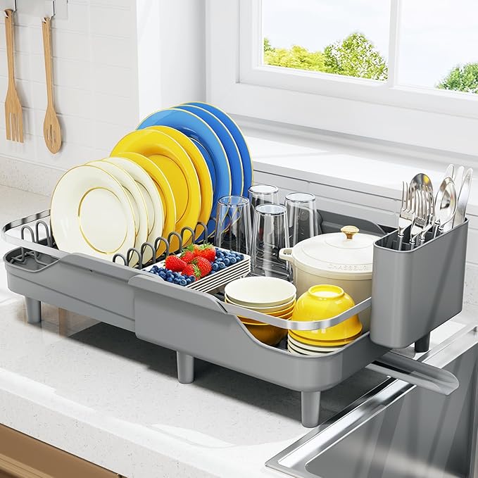 Urackify Dish Drying Rack for Kitchen Counter, Expandable Stainless Steel Dish Racks with Adjustable Water Spout, Space Saving Dish Drainer with Cutlery Holder,16.14"-23.62" L x 12.99" x 8.78",Grey