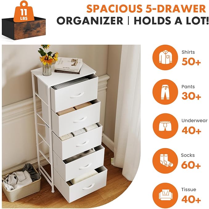 Sweetcrispy White Storage Drawer Bedroom Dresser, Tall Dresser for Closet | Chest of 5 Drawers for Home Storage with Fabric Bins, Narrow Nightstand, Durable Clothes Oragnizer