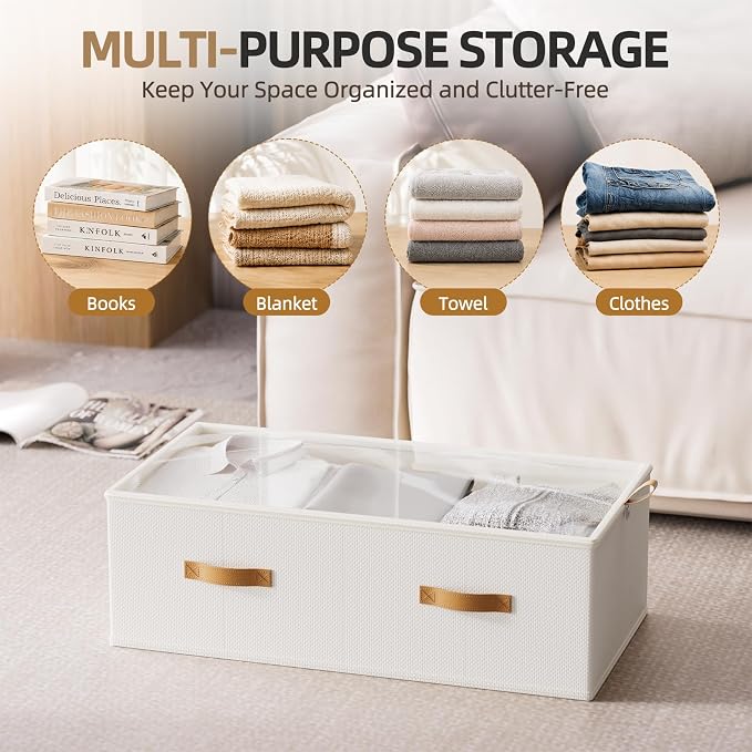 FHSQX 4 Pack Under Bed Storage Bins- 10 Inch Tall Underbed Clothes Storage Containers with Clear Window for Closet, Bed Sheets and Blankets (White, 31.5x15.8x10 inch)