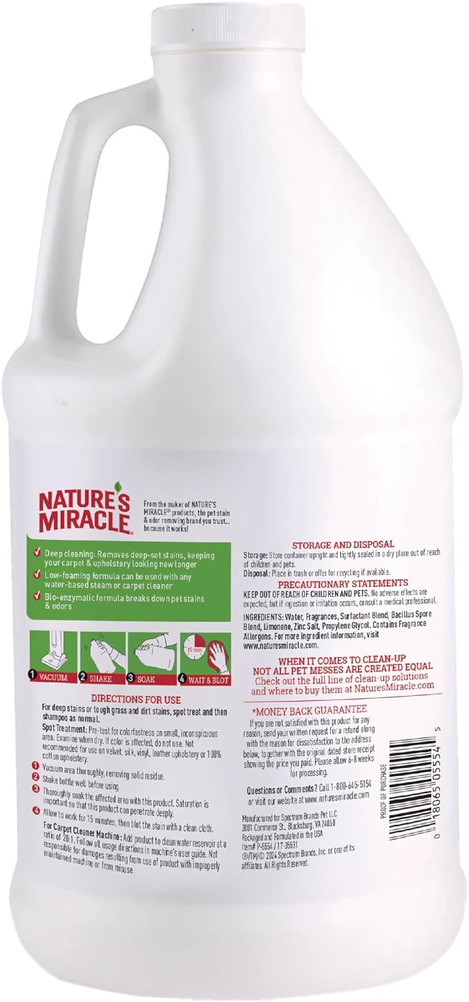 Nature's Miracle Carpet Shampoo Pet Stain & Odor Remover, 64 oz | Bio-Enzymatic Formula Removes & Deodorizes Deep-Set Pet Stains, For Water-Based Carpet Cleaners, Use on Carpet & Upholstery