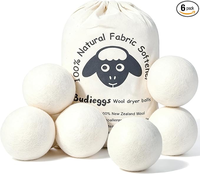 Budieggs Wool Dryer Balls XL 6-Pack, 100% New Zealand Wool Handmade | Chemical-Free Natural Fabric Softener Reusable, Reduces Wrinkles, Tangling, Drying time & Static Cling, Lasts 1000+ Loads