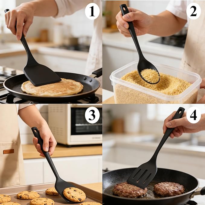 Silicone Spatula Turner, 600°F Heat Resistant Spatulas for Cooking, BPA Free, Flexible Rubber Kitchen Utensils Set Flipper for Eggs, Pancakes, Fish, Burgers, Dishwasher Safe (5 Pack, Black)