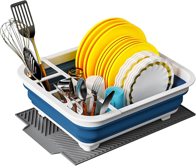 Dish Rack,Drying Rack Kitchen, Dish Racks for Kitchen Counter, Collapsible Dish Drying Rack—Suitable for Kitchens, motorhomes, Yachts, Campers - Blue-White (with Silicone Drain Pad)