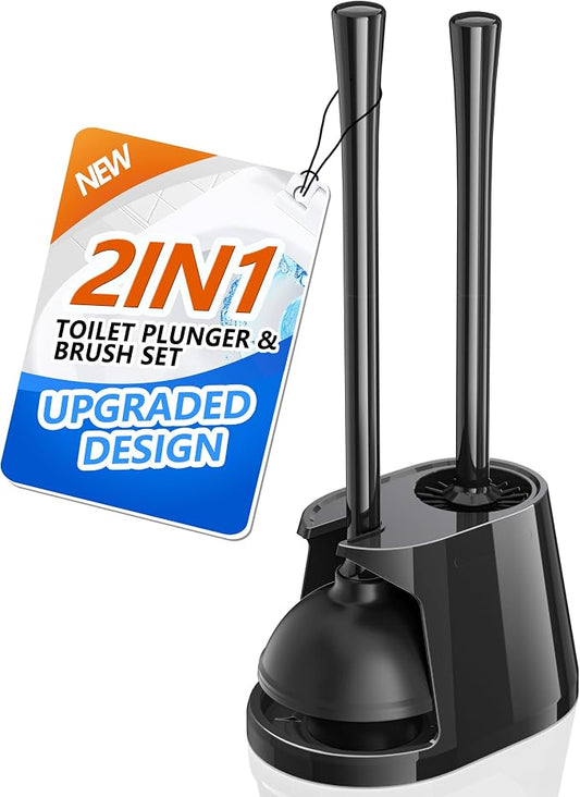 Toilet Plunger and Brush Set, Bowl Brush and Heavy Duty Toilet Plunger with Ventilated Holder, 2-in-1 Toilet Brush and Plunger Combo for Bathroom Deeply Cleaning（Black）