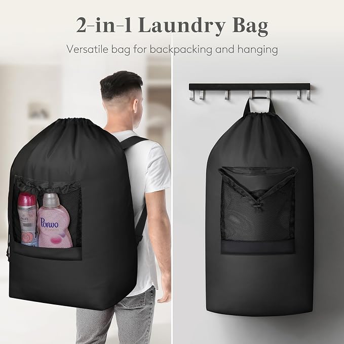 Lifewit Laundry Bag Backpack Travel, 120L, Black | Extra Large Bag with Shoulder Straps and Mesh Pocket for Laundromat, Heavy Duty Basket for Dirty Cloth College Dorm Apartment