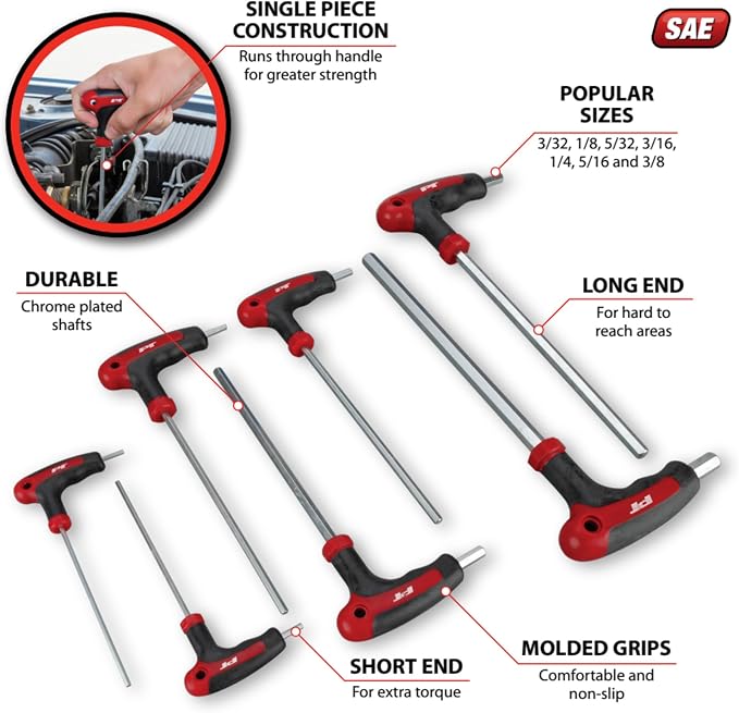 Performance Tool W1711 7-Piece SAE T-Handle Hex Key Set | Through-handle hex wrenches with non-slip molded grips. Dual drive ends. SAE sizes 3/32 to 3/8 inch