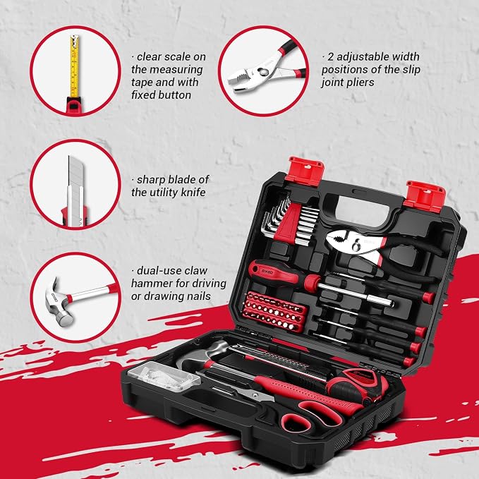DEKOPRO 50 Piece General Household Hand Tool Kit with Plastic Toolbox Storage Case, All Purpose Home Tool Kit Includes Essential Tools for Office College Repairs - Red