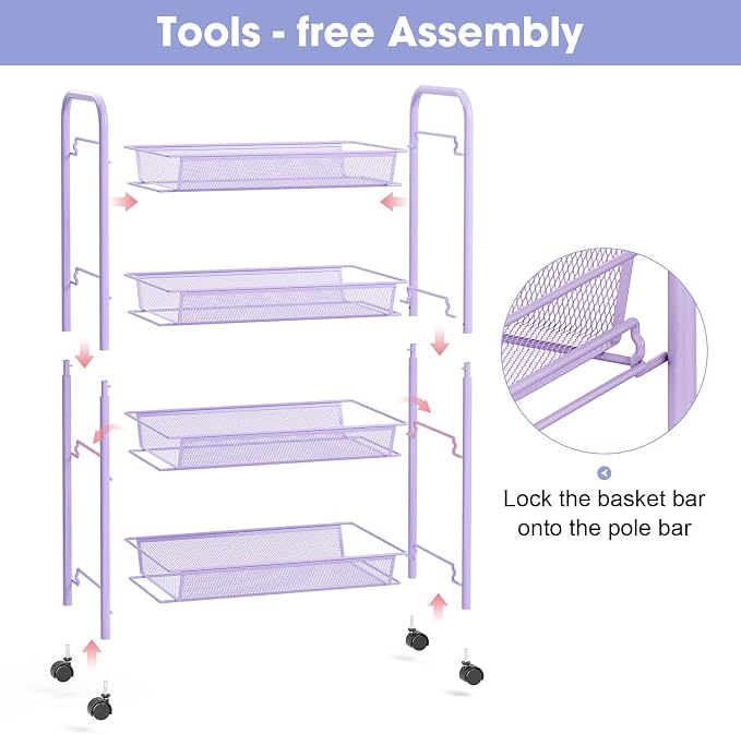 TOOLF 4-Tier Rolling Cart, Metal Utility Cart with 3 Hooks, Easy Assemble Mobile Storage Trolley On Wheels, Metal Shelving Units Kitchen Bathroom Laundry Room