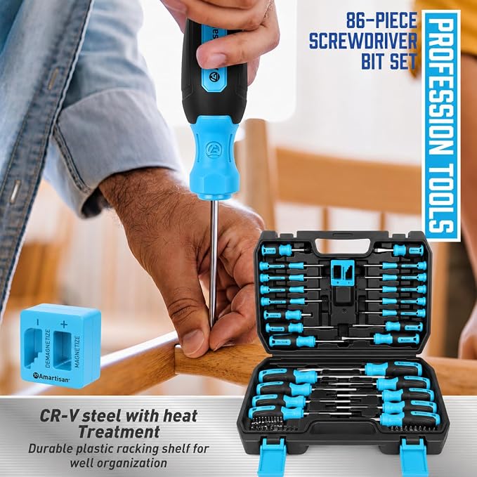 Amartisan 86-Piece Magnetic Screwdrivers Set with Case | Includs Slotted, Phillips, Hex, Pozidriv,Torx and Precision Screwdriver, Magnetizer Demagnetizer Tools, Tools for Men(Blue)
