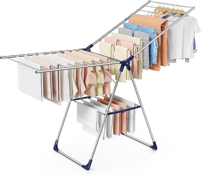 Sakugi Clothes Drying Rack, 69.5" Adjustable Wings, Foldable Design | Laundry Room, Bedroom, Outdoor & Indoor Use, Height Adjustable, Collapsible, Silver Blue, 69.5" L × 22.8" W