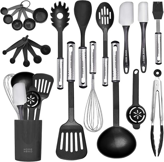 Home Hero 44 Pcs Silicone Kitchen Utensils Set, Non-Stick Silicone Cooking Utensils Set with Spatula, Wooden Handle Spatula, Silicone Kitchen Gadgets Utensil Set (44 Pcs - Gray)
