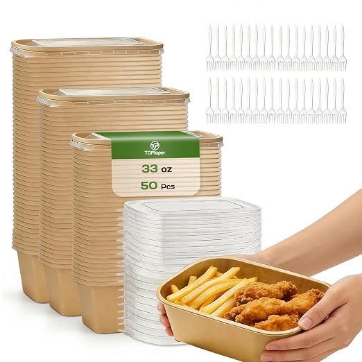 TOPtoper 50 Pack 33 OZ Disposable Meal Prep Containers with Lids and Forks, Large Kraft Paper Bowls for Party, Disposable Food Containers with Lids, Freezer and Microwave Safe Meal Prep Containers