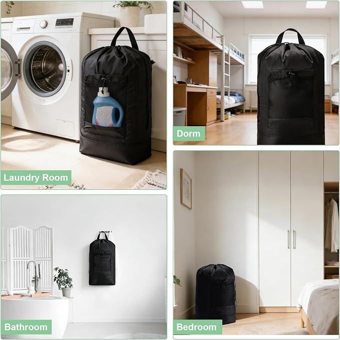 Backpack Laundry Bag,Large Travel Laundry Bags (Black) | with Shoulder Straps and Mesh Pockets,Laundry Backpack with Drawstring Closure for College,Trave,Dorm, Apartment,Laundromat