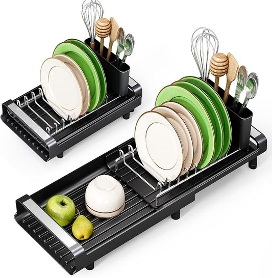 Small Dish Drying Rack, Mini Expandable Compact Dish Rack, Slim Extendable Stainless Steel Dish Drainer for Kitchen Plate Storage, Space Saving Dish Strainer in Sink or on Home Countertop, Matte Black