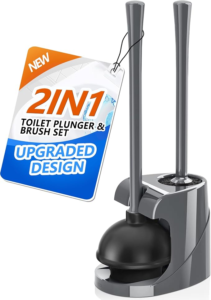 TRENTI Toilet Plunger and Brush with Holder, Bowl Brush and Heavy Duty Toilet Plunger Set for 5.7-inch Toilet Drain, 2-in-1 Bathroom Cleaning Combo with Modern Caddy Stand (Gray) | Toilet Plunger and Brush with Holder, Bowl Brush and Heavy Duty Toilet ...