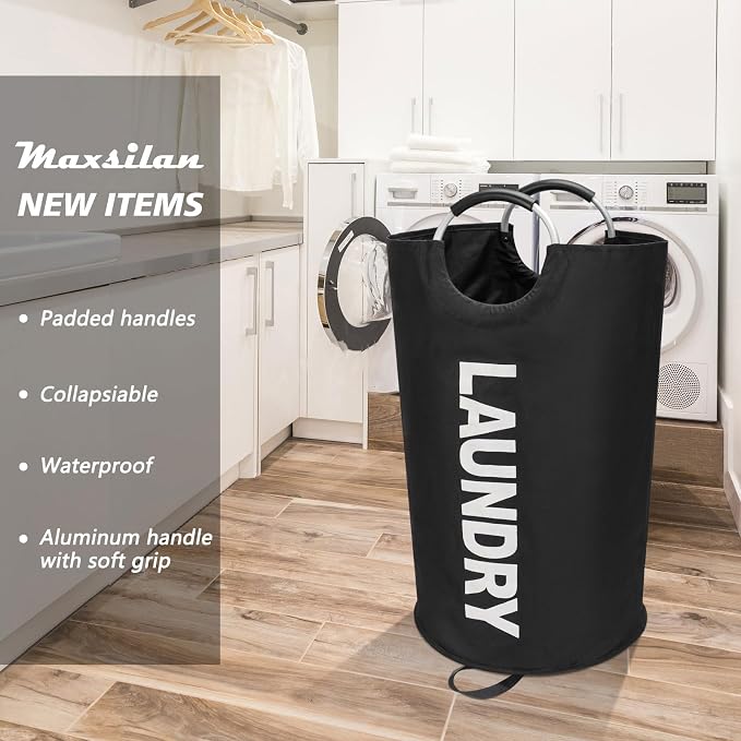 Maxsilan 90L Large Laundry Basket Bag, Collapsible Tall Hamper, Black | Freestanding tall laundry bag & foldable washing basket. Large capacity clothes storage bin with durable sturdy handles