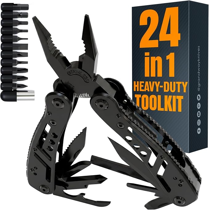 24-in-1 Multitool with Knife, Pliers & 11 Magnetic Bits - Black Stainless Steel Multi Tool for Camping, Hiking, EDC - Gift for Men 2238B