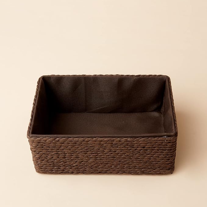 Paper Rope Woven Storage Basket Set of 4 with Fabric Liner, Stackable Multipurpose Organizer Bin, Brown
