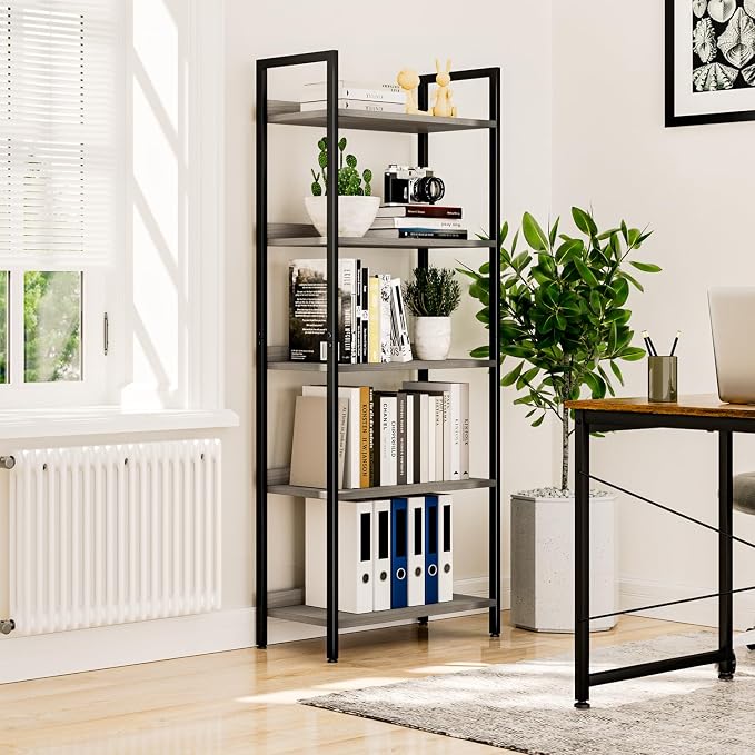 NUMENN Bookshelf, 5 Tier Freestanding Shelving Unit, Grey | Metal Frame & Wood Shelves, Falling Prevention Baffle, Open Storage Bookcase for Bedroom, Living Room & Home Office