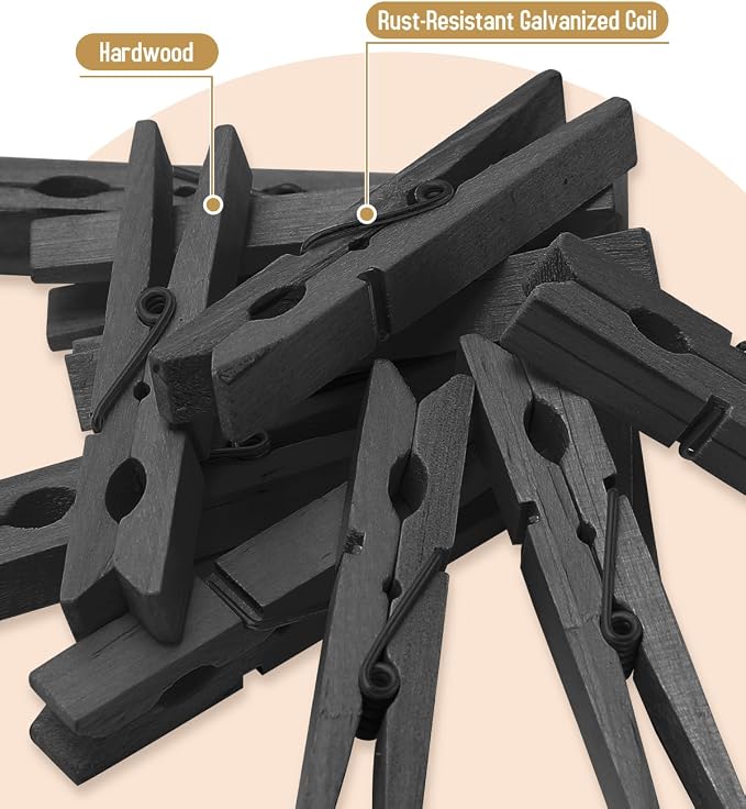 100 Pack Black Wooden Clothes Pins 2.9 Inch, Heavy-Duty Wood Clothespins | Wooden Clips for Hanging, Crafts, Laundry, Photo Display & Classroom Decoration, Smooth Finish & Rust Resistant Spring