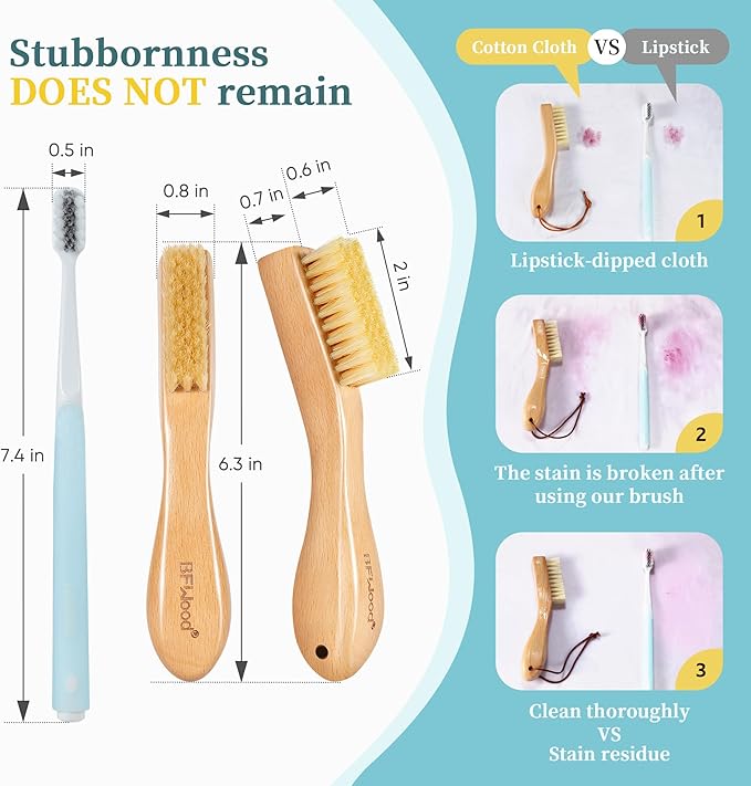 Laundry Stain Brush, Natural Soft Boar Bristles, Removes Tough Stains from Delicate Fabrics Like Knits, Cotton, and Linens, Gentle on Fabrics, No Damage
