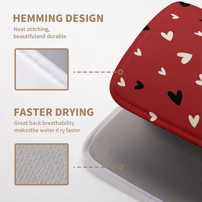 Valentine Dish Drying Mat for Kitchen Counter Valentines Day Red Black Love Heart Holiday Drying Mats Absorbent Microfiber Dish Draining Mat Medium Dish Rack Pad 16x18 Inch