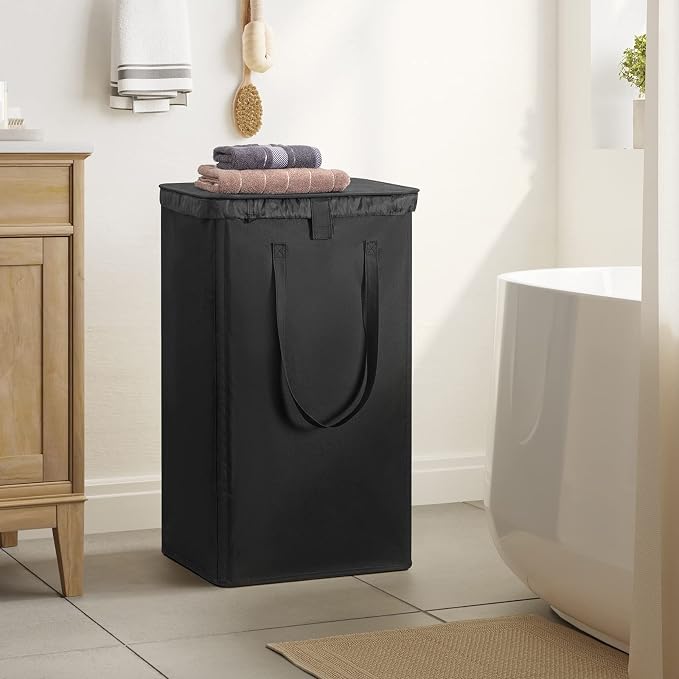 WOWLIVE 100L Black Laundry Hamper with Lid, Dirty Laundry Basket for Dorm | Tall Collapsible Dirty Clothes Hamper with 2 Removable Bags and Handles for Laundry Room, College Dorm