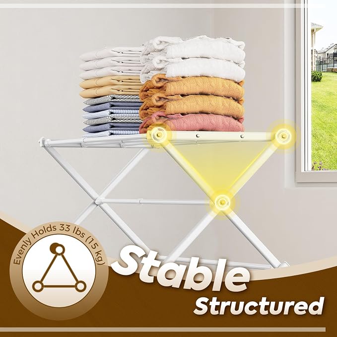 KINGBOARD 3-Tier Extendable Clothes Drying Rack, Small & Foldable, White | 37.4"H x 33.8"W x 11.2"D, Space-Saving Collapsible, Easy Assembly, Rust-Resistant Iron Frame, Indoor Outdoor Use, 25lb