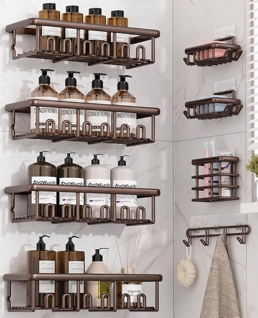 8 Pack Adhesive Rustproof Shower Caddy with Soap Dishes, Toothbrush Holder & Hooks, Large Capacity No-Drilling Shower Shelves Rack for Bathroom Organizers and Storage Accessories, Brown