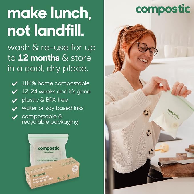 Compostic Compostable XL Sandwich Bags (60 Count) Starter Pack — Resealable Zip-Seal, Plant-Based, Home Compostable, Freezer & Microwave Safe, BPA-Free, Non-Toxic, GMO-Free Food Storage Bags
