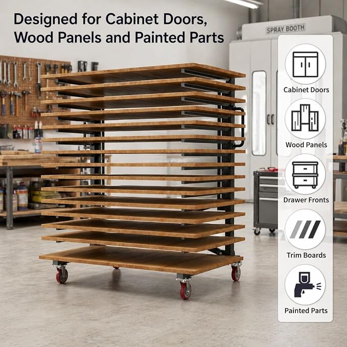 Paint Drying Rack,15-Tier Heavy-Duty Steel Drying Painting Rack | for Cabinet Doors, Adjustable Width 12 to 58 Inch,110 lbs Per Shelf,Black Drying Rack with Lockable Wheels for Paint Shops