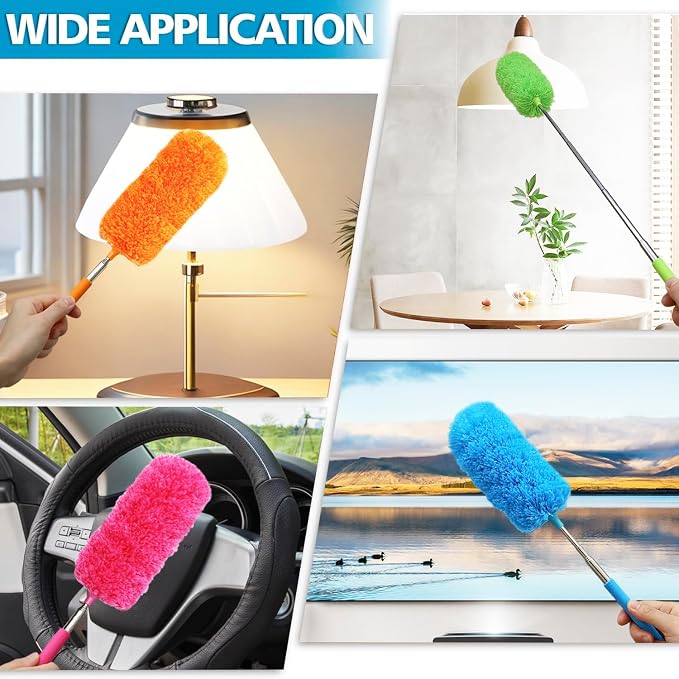 4 Pcs Washable Microfiber Feather Duster, with Extendable Pole and Bendable Head, Microfibre Cleaning Tool for Cleaning Office, Car, Computer, Furniture, Sofa, Blue,green,orange,red