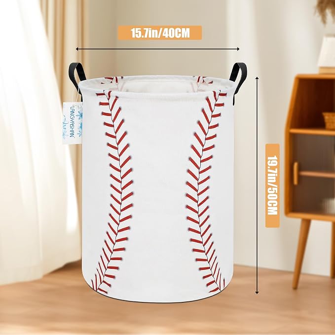 Round Laundry Basket Collapsible Storage Hamper Organizer Red Baseball | Waterproof Canvas Foldable Baskets with sturdy Handles Multi-scene Organizer for Home Play Bedroom Gift Bin
