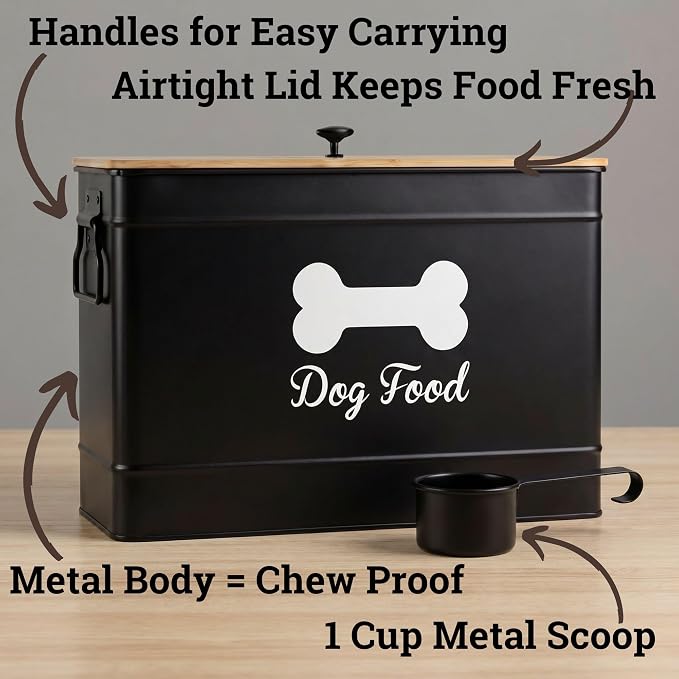 Dog Food Container Airtight Bamboo Lid 15-20 lb Sturdy Metal Handle 70 Cups | Pet Jar For Dogs up to 100lbs, Airtight Bamboo Lid, Sturdy Comfortable Metal Handle, Powder Coated Iron, Kibble Storage Bin