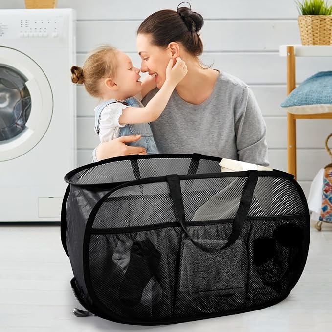 2 Pack Collapsible Laundry Baskets, Upgrade Pop Up Laundry Hamper with Convenient Bags, Foldable Laundry Basket Mesh Light Weight, Easy to Carry Clothes Hampers for Laundry, Dorm, Travel Black+Grey