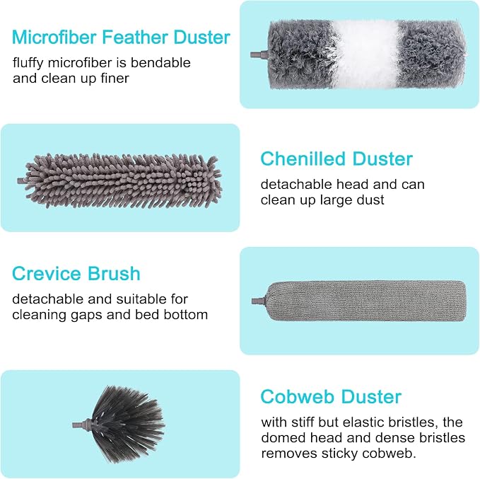 12pcs Microfiber Dusters, Duster with Extension Pole(Stainless Steel) 30 to 100'', Washable Dusters, Bendable Extendable Long Feather Duster for Cleaning Fan, High Ceiling, Blinds, Furniture, Cars