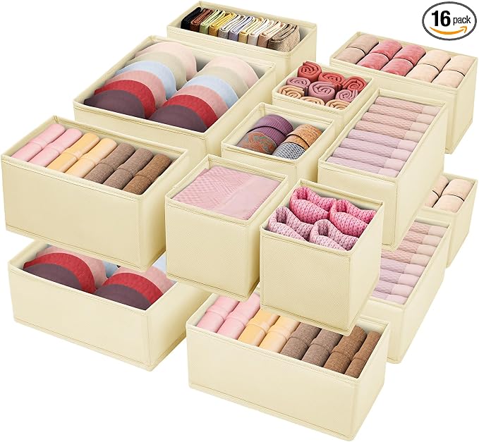 Drawer Clothing Organizer 16-Pack, Beige 3-Size Underwear Drawer Dividers, Fabric Folding Wardrobe Organizer for Baby Clothes, Bras, Underwear, Panties, Belts, Socks, Ties