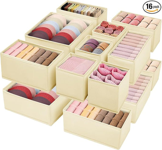 Drawer Clothing Organizer 16-Pack, Beige 3-Size Underwear Drawer Dividers, Fabric Folding Wardrobe Organizer for Baby Clothes, Bras, Underwear, Panties, Belts, Socks, Ties
