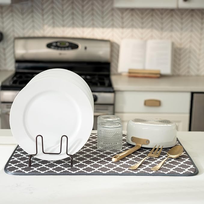 S&T INC. Dish Drying Mat XL, 18” x 24”, Absorbent Microfiber Kitchen Counter Mat, Dish Drying Pad for Dishes, Utensils, Pots and Pans, Extra Large, Pewter Grey Trellis