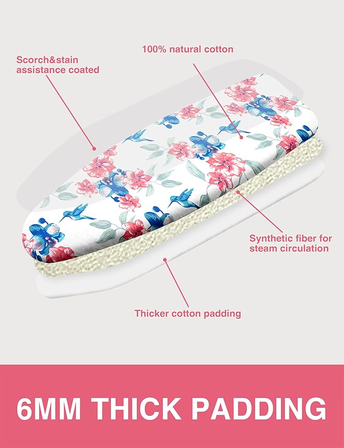 Ironing Board Cover and Pad 18"x49" Extra Thick Natural Cotton, Scorch and Stain Resistant Padding, Extra Wide Iron Board Cover with 4 Fasteners Heavy Duty Elastic Edge, Heatproof Flower