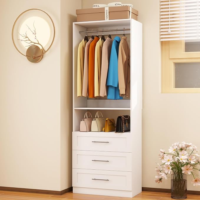 Closet System with 3 Drawers,Organizer,2 Rods,2FT-5FT, White | 3 Wooden Drawers, Modular Organizer,2 Stainless Steel Expandable Hanging Rods & Shelf,Walk-in Freestanding Storage