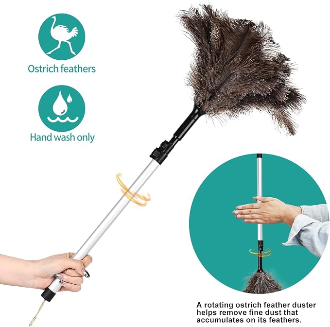 Extendable Ostrich Feather Duster 26-49 Inch, Natural Cleaning Duster with Aluminum Extension Pole Reusable for High Ceilings, Fans, Blinds, Furniture, Interior & Roof Dusting