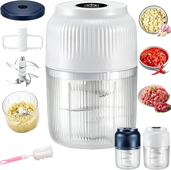Household Electric Garlic Crusher, Upgraded Mini Electric Food Chopper, 350ml 6 Blades USB Rechargeable Garlic Mincer with Lid & Egg Beater for Onion Ginger Chili (White)