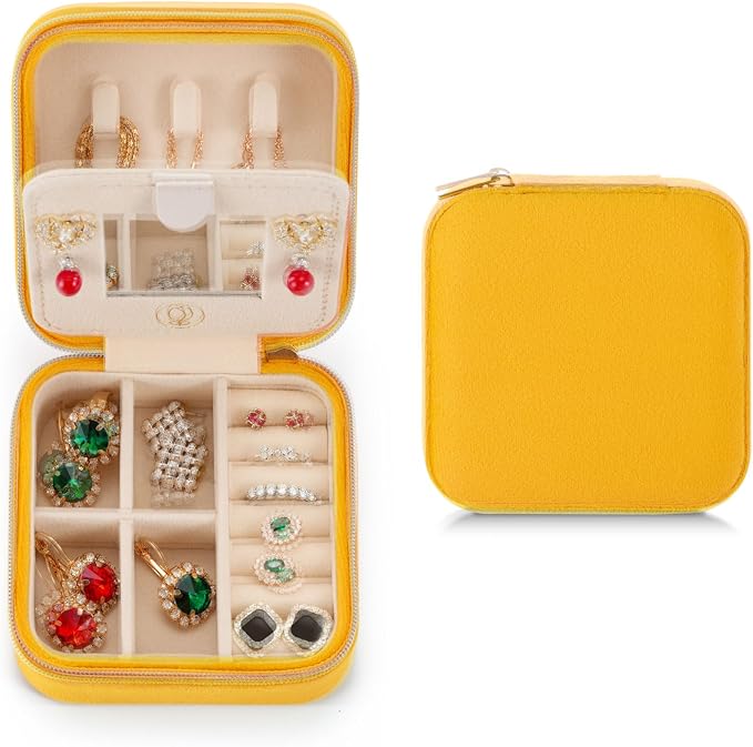 ZPROW Plush Velvet Travel Jewelry Case, Organizer, Box, Small Case for Women, Earring Organizer with Mirror, Best Gifts For Daughter, Girlfriend, Mom - Yellow