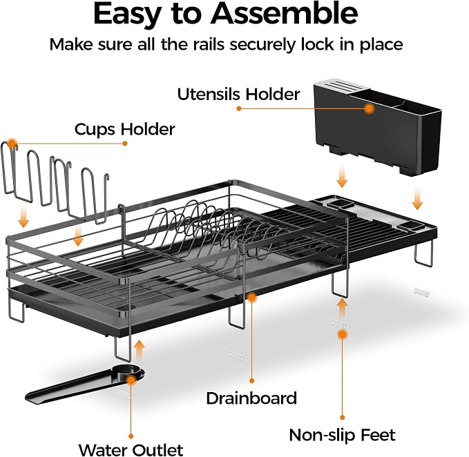 Delamu Stainless Steel Dish Drying Rack, Expandable Dish Drainer, Anti-Rust Large Dish Racks for Kitchen Counter, Dish Strainers with Drainboard, Utensil & Cup Holder, 13.4"-28.7" L x 11.8" W, Black